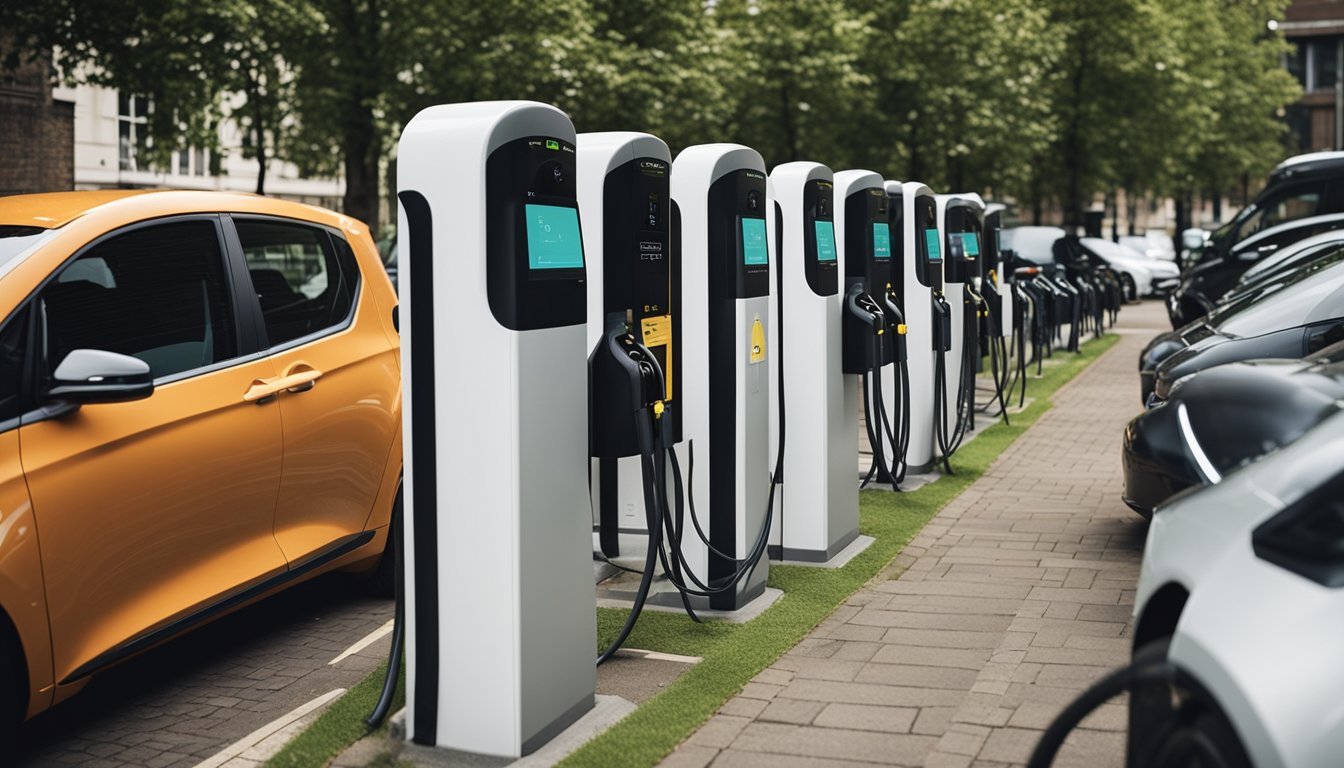 A row of electric vehicle charging stations in a UK city, with various cars and vans parked nearby