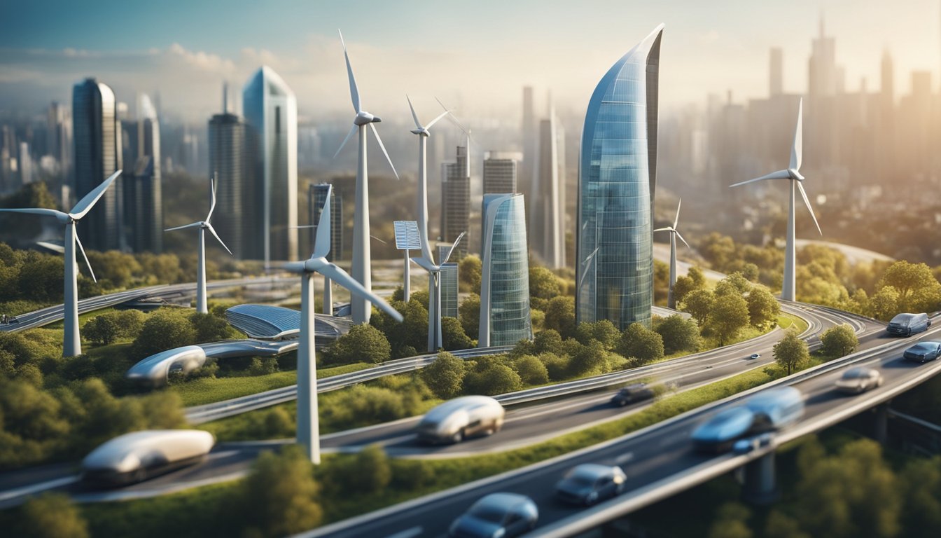 A futuristic cityscape with renewable energy sources, electric vehicles, and sustainable infrastructure