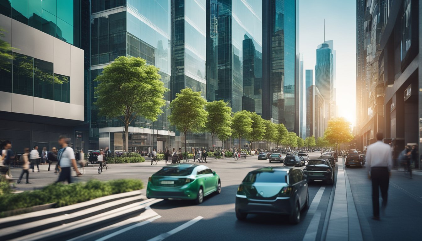 A bustling city street with modern buildings and green technology symbols