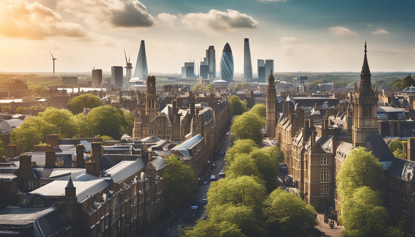 A bustling UK city skyline with renewable energy sources, green infrastructure, and sustainable transportation options