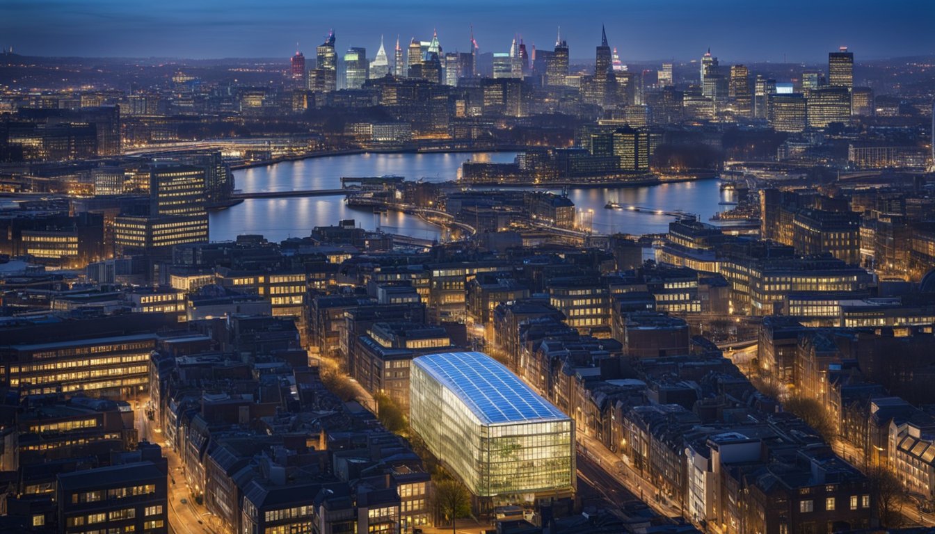 A bustling city skyline with renewable energy sources integrated into buildings and transportation, showcasing innovative sustainable practices for UK businesses