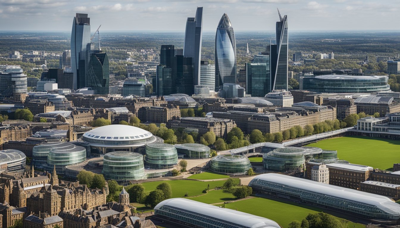 A bustling UK city skyline with various sustainable business activities, such as renewable energy installations, green transportation, and eco-friendly buildings