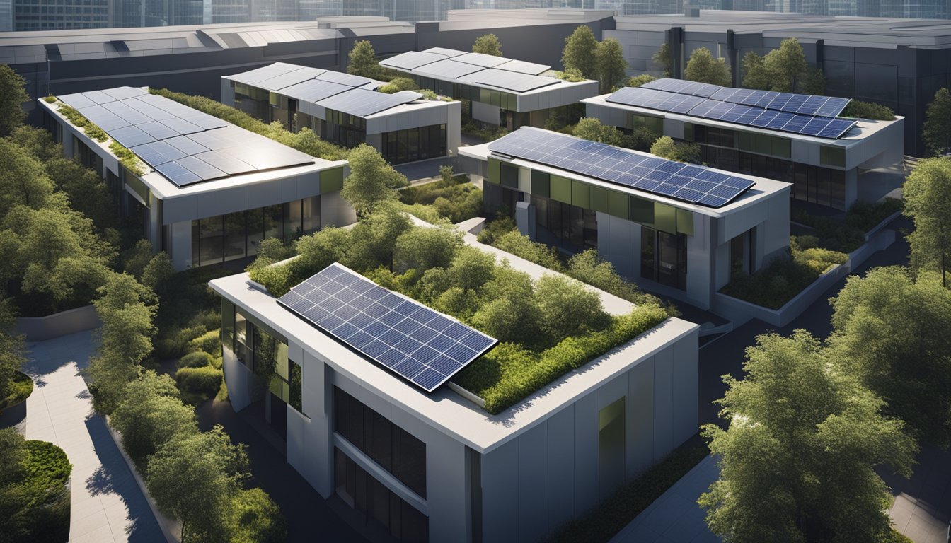 A modern office building with solar panels on the roof, surrounded by lush landscaping and recycling bins