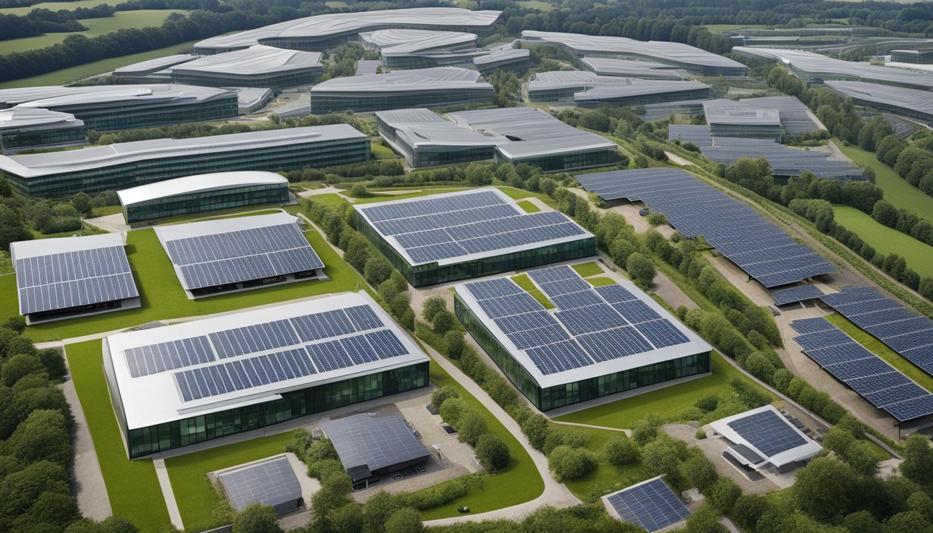 A group of UK business buildings with green features like solar panels, green roofs, and energy-efficient windows