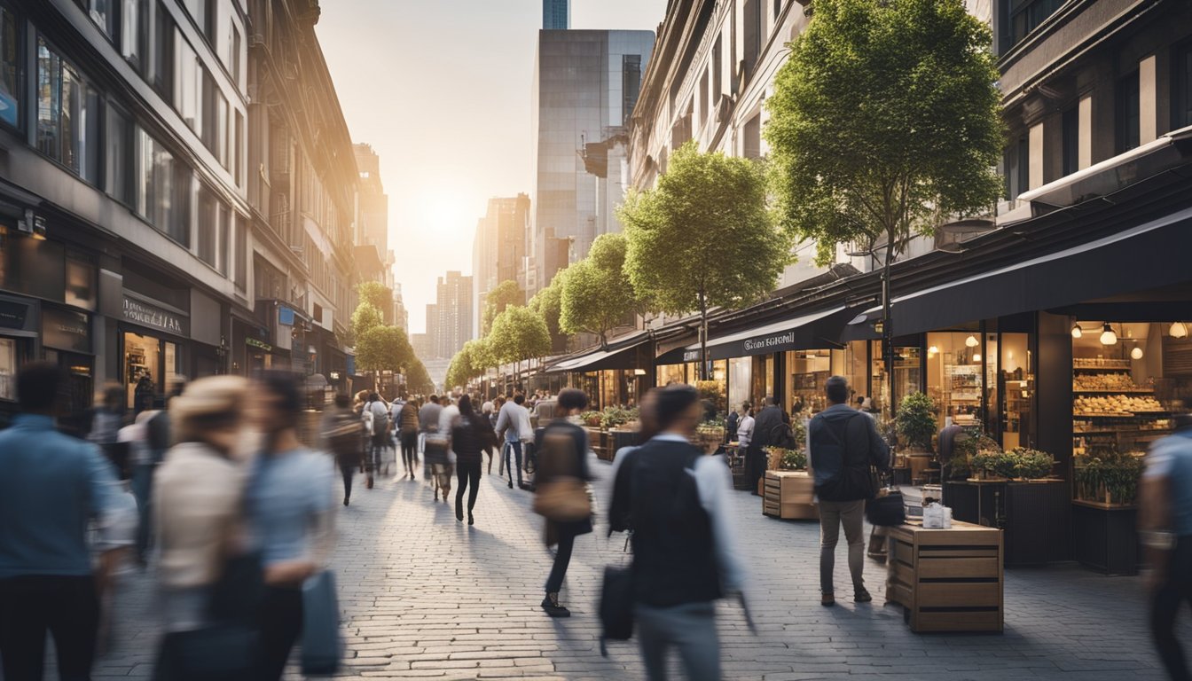 A bustling city street with diverse sustainable businesses, from eco-friendly cafes to solar panel installation companies, all displaying their commitment to sustainability through their practices and products