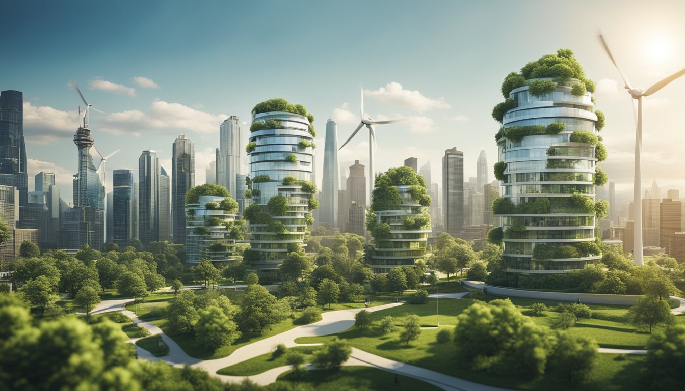 A bustling city skyline with eco-friendly buildings, solar panels, and wind turbines integrated into the architecture. Lush green spaces and clean, renewable energy sources throughout the urban landscape