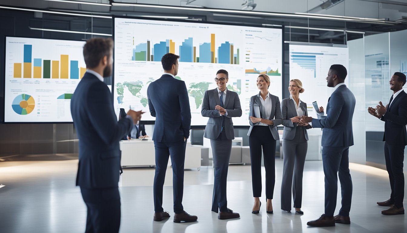 A group of diverse business professionals discussing sustainable practices in a modern office setting, with charts and graphs displayed on a large screen