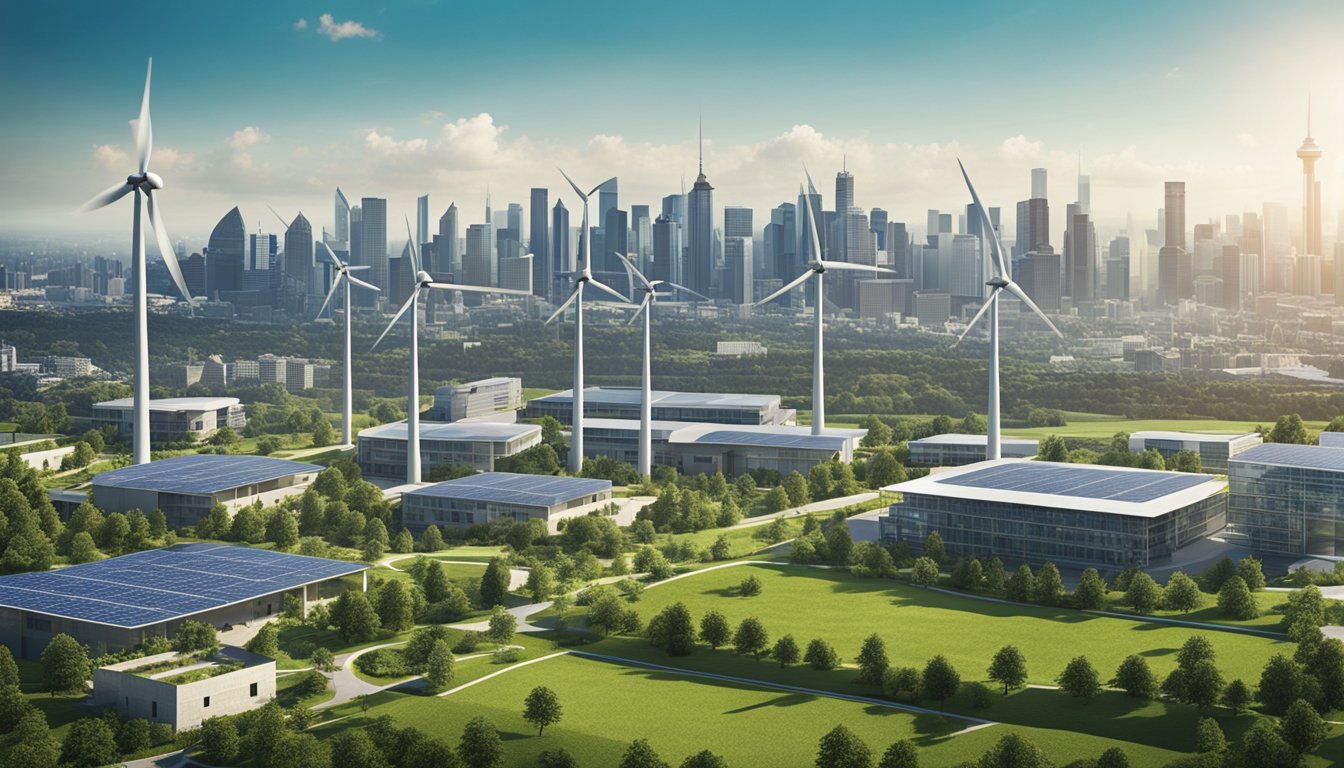 A bustling cityscape with modern buildings, green spaces, and sustainable infrastructure. Wind turbines and solar panels are integrated into the urban landscape