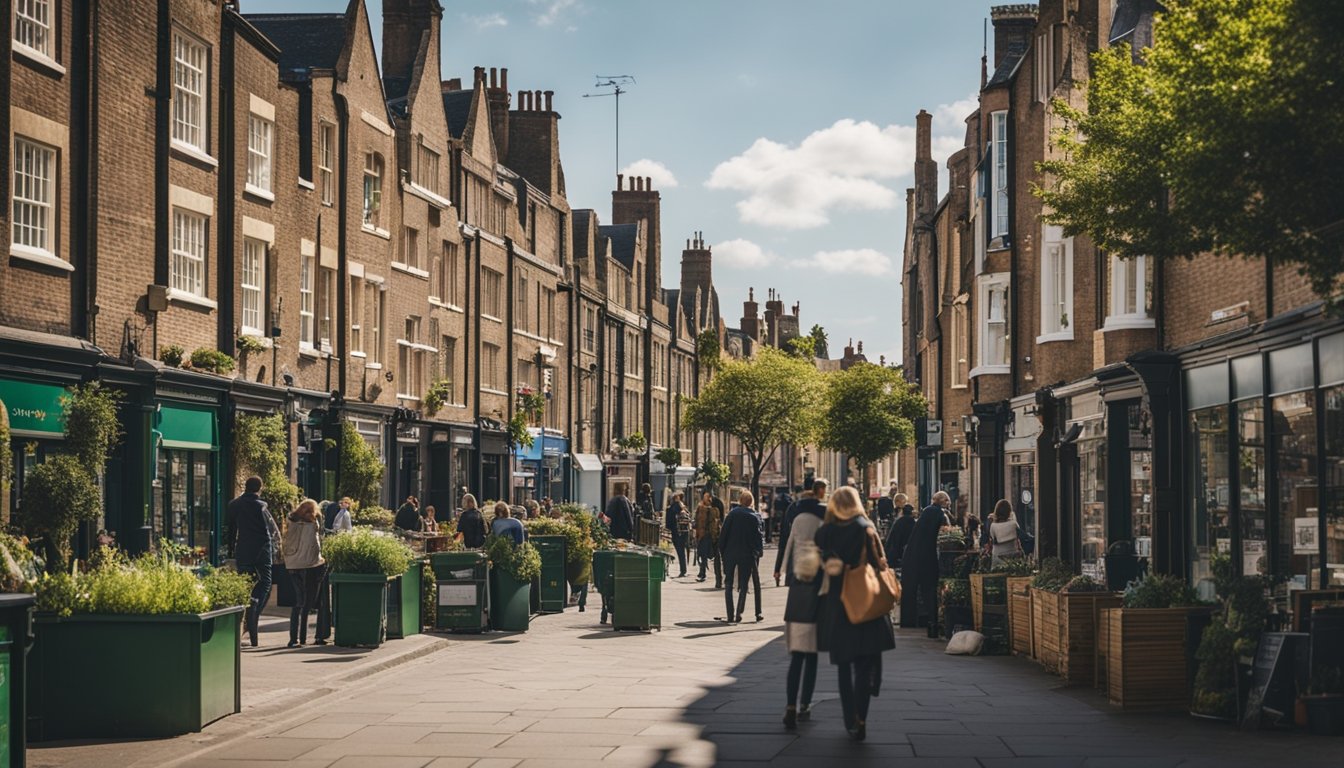 A bustling UK city street with eco-friendly businesses, solar panels, recycling bins, and people engaging in sustainable practices