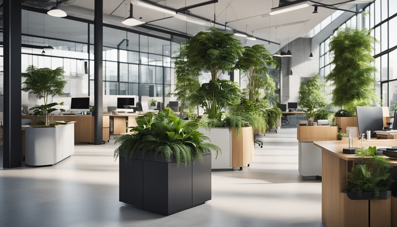 An office space with natural lighting, plants, and eco-friendly furniture. Recycling bins and energy-efficient appliances are present