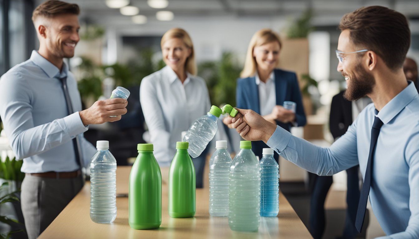 A group of UK office workers receiving eco-friendly incentives like reusable water bottles and compostable desk supplies