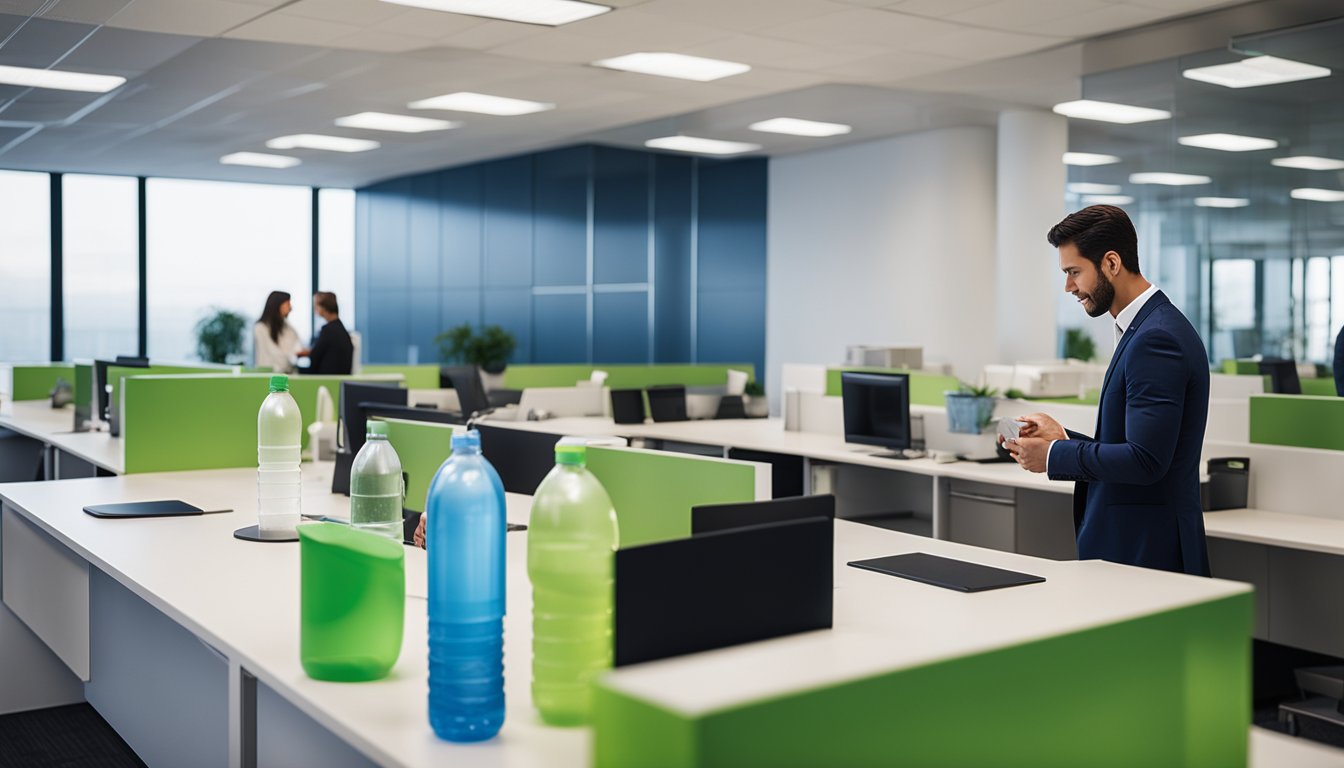 An office setting with employees using reusable water bottles, recycling bins, and energy-efficient lighting