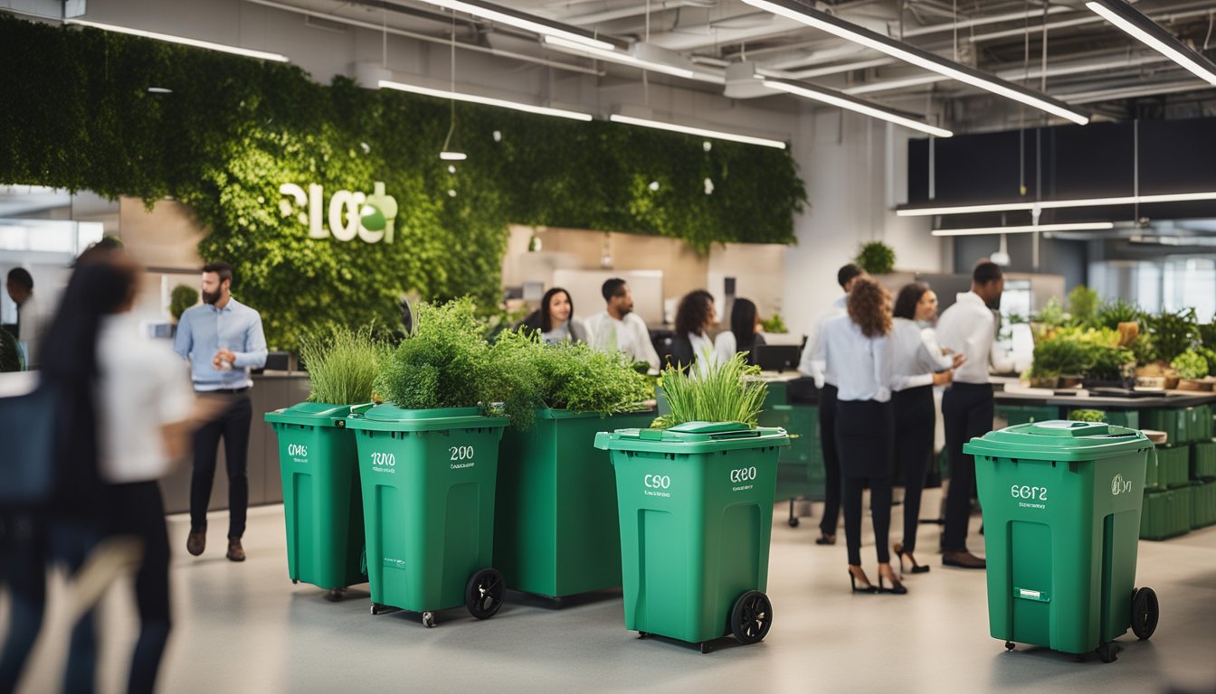 A bustling office with employees receiving eco-friendly incentives like reusable water bottles and plant-based snacks. Recycling bins and greenery are visible throughout the space