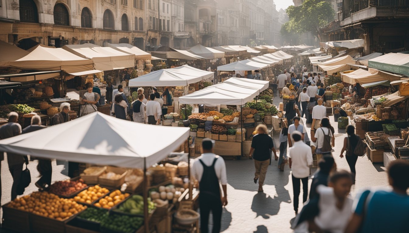 A bustling marketplace with vendors displaying eco-friendly products and signage promoting sustainability