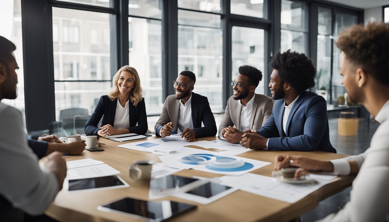 A group of diverse UK business owners gather around a table, discussing sustainable supplier options. Charts and graphs decorate the walls, highlighting key data points