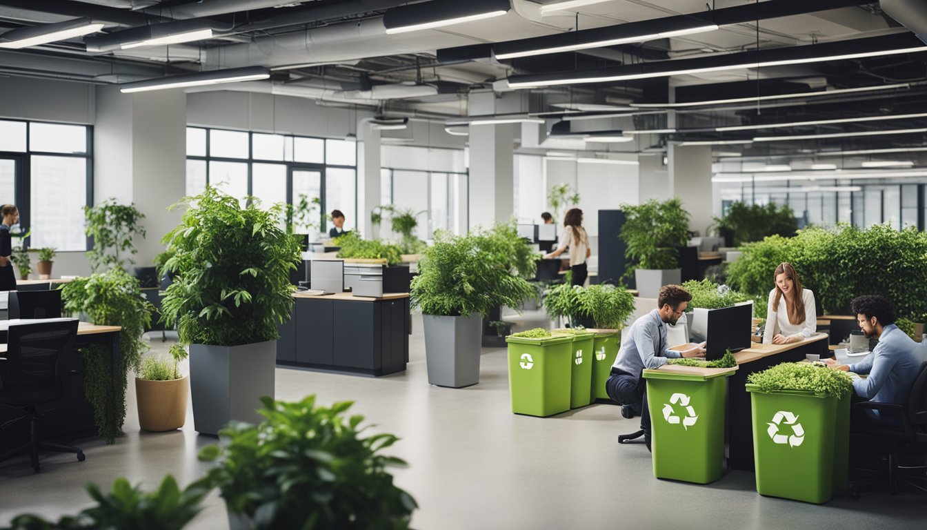 A bustling office with recycling bins, green plants, and employees collaborating in a bright, open space