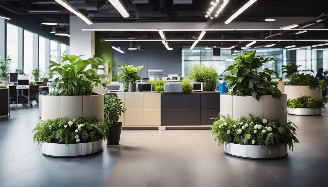 An office environment with sustainable features such as recycling bins, energy-efficient lighting, and indoor plants