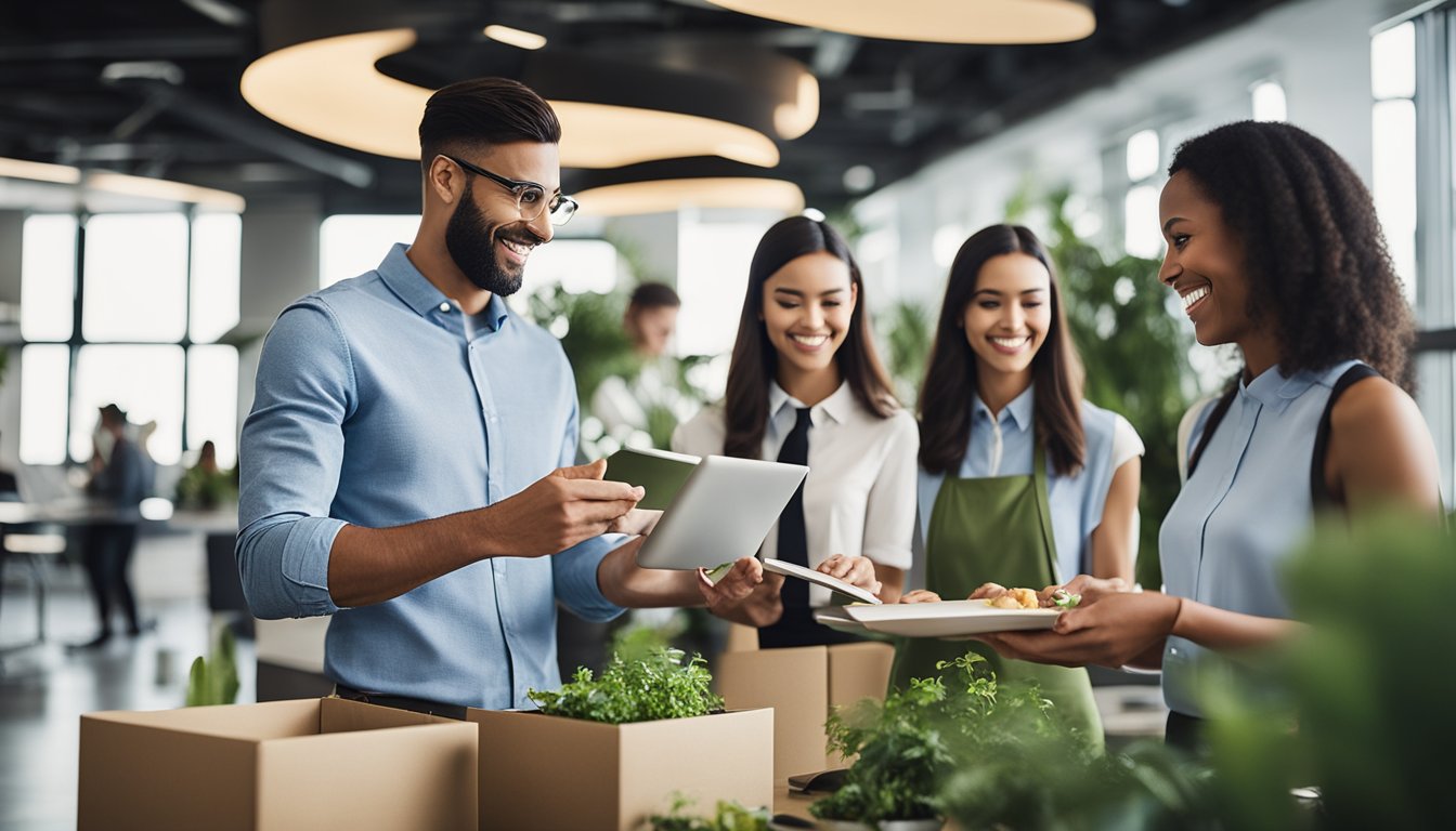 A group of employees receiving eco-friendly incentives in a modern office setting, such as reusable water bottles, recycled notebooks, and plant-based snacks