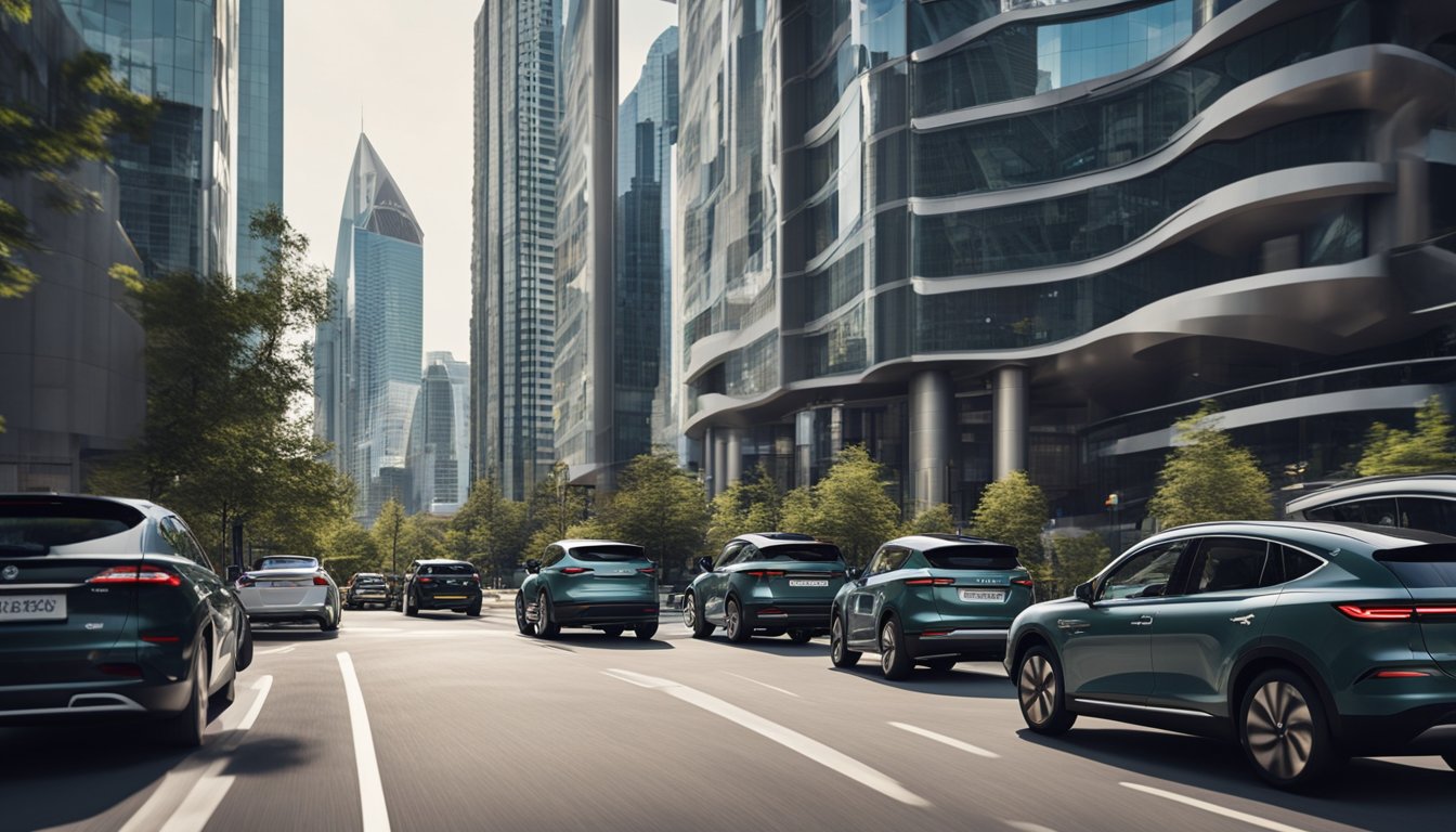 A bustling city street with electric vehicles zipping by, surrounded by modern buildings and renewable energy infrastructure