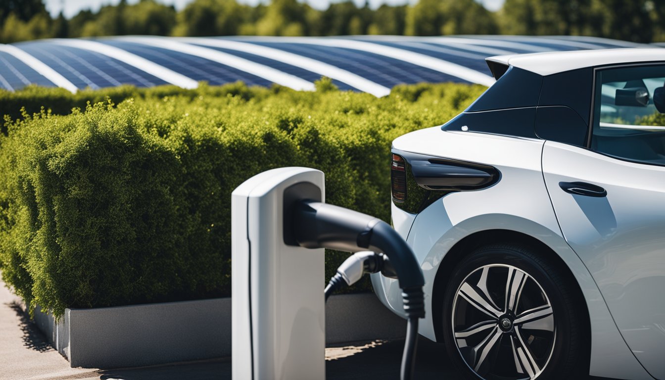 An electric vehicle charging at a business parking lot, surrounded by greenery and solar panels