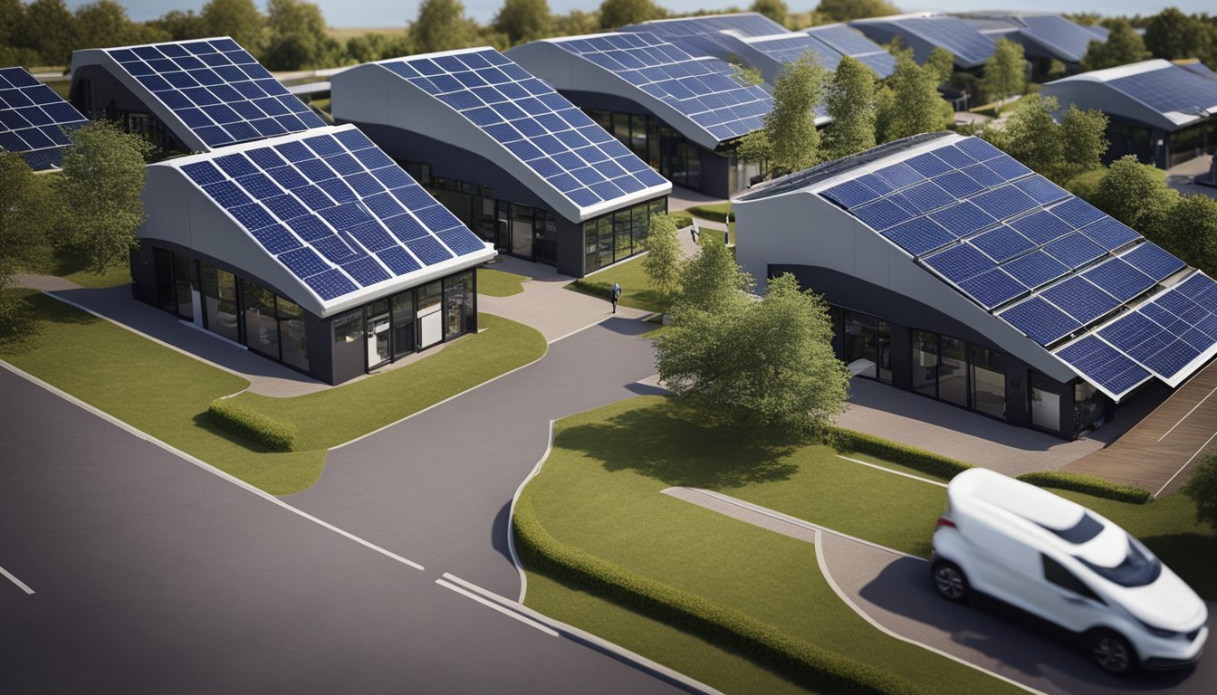 A small UK business with solar panels on the roof, wind turbines in the background, and electric vehicles in the parking lot