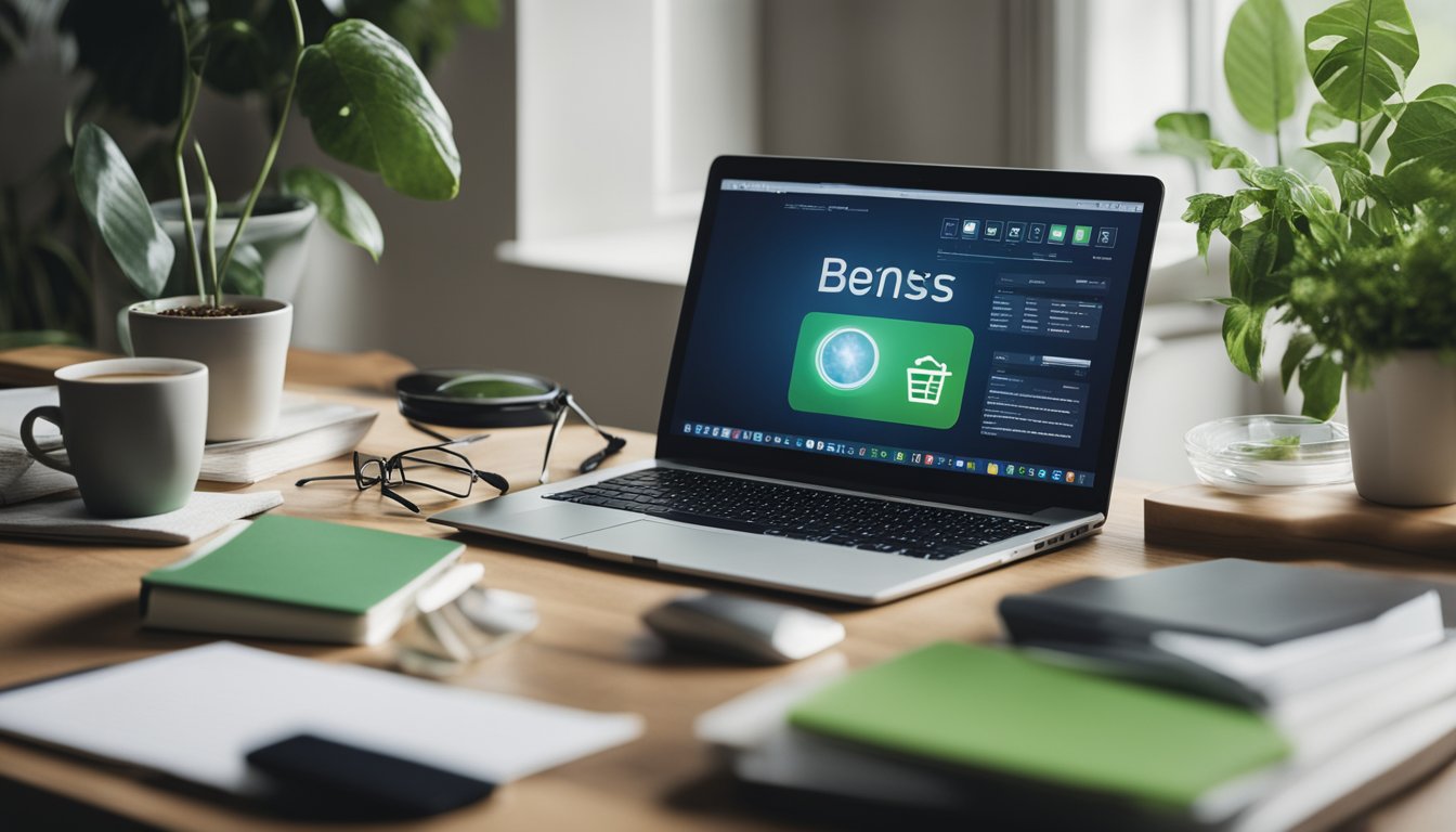 A small UK business owner researching green energy benefits through a laptop and surrounded by eco-friendly office supplies
