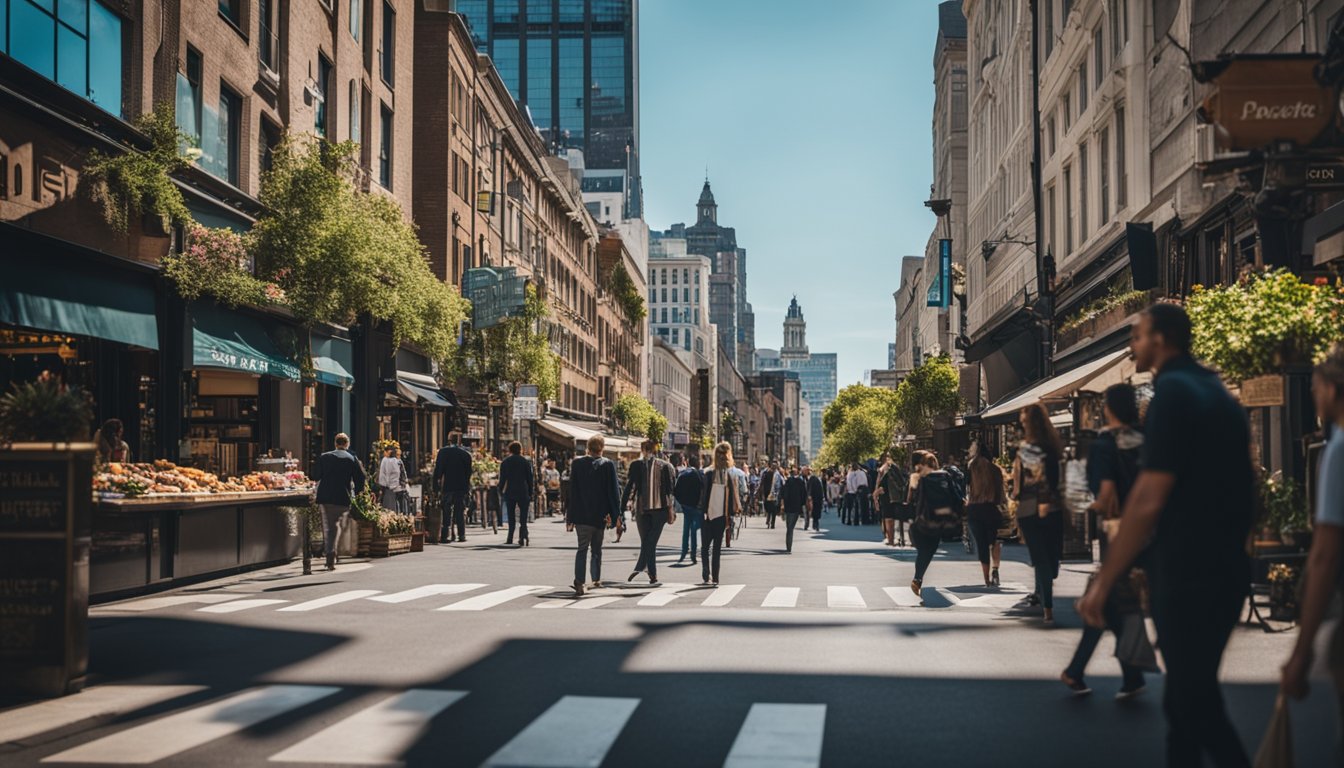 A bustling city street lined with eco-friendly businesses, featuring eye-catching signage and vibrant displays. Pedestrians stop to admire and engage with the creative marketing strategies