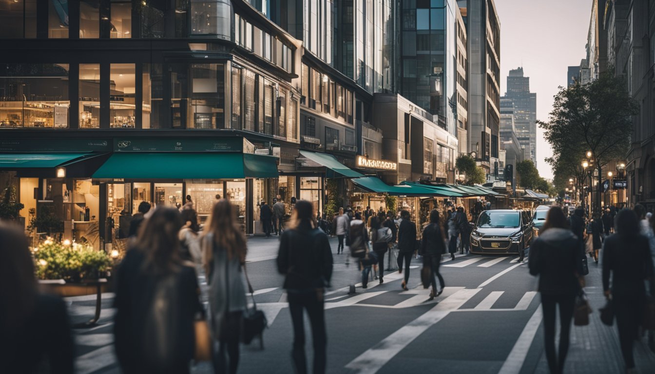 A bustling city street with modern, sustainable businesses and eco-friendly marketing materials on display