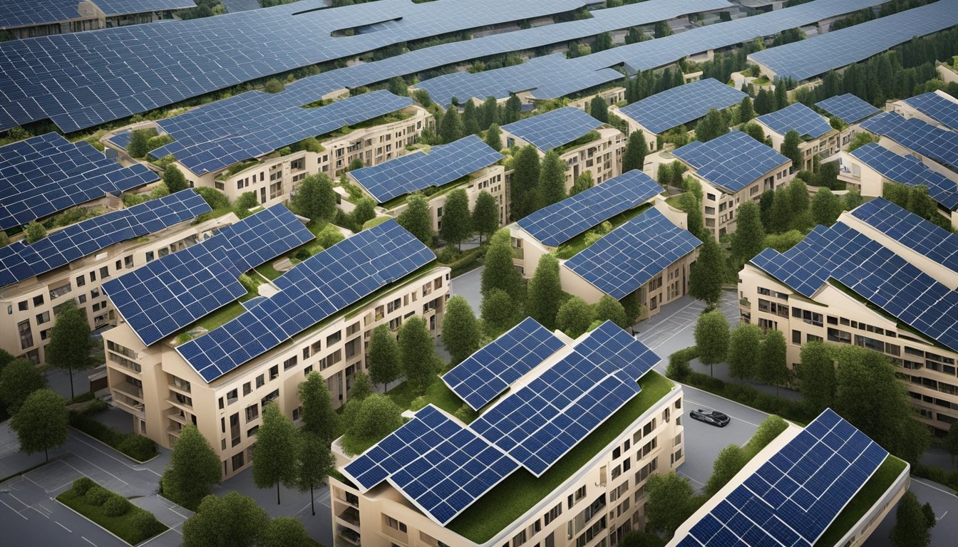 A bustling cityscape with various businesses, solar panels on rooftops, wind turbines, and electric vehicles. Green financing logos and symbols are prominently displayed