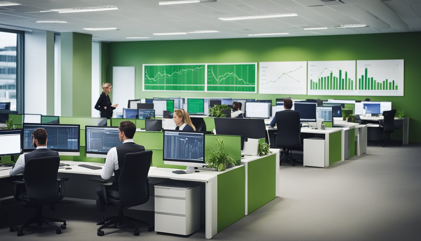 A bustling office with employees discussing and researching green financing options for UK businesses. Charts and graphs adorn the walls, and laptops are open on every desk