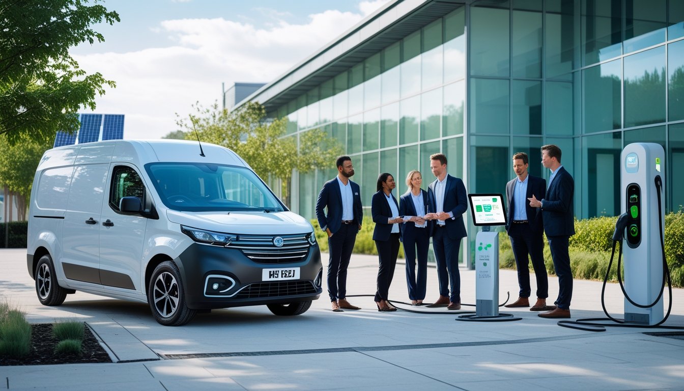 Electric van parked outside an office building with businesspeople discussing near an EV charging station in a green urban setting.