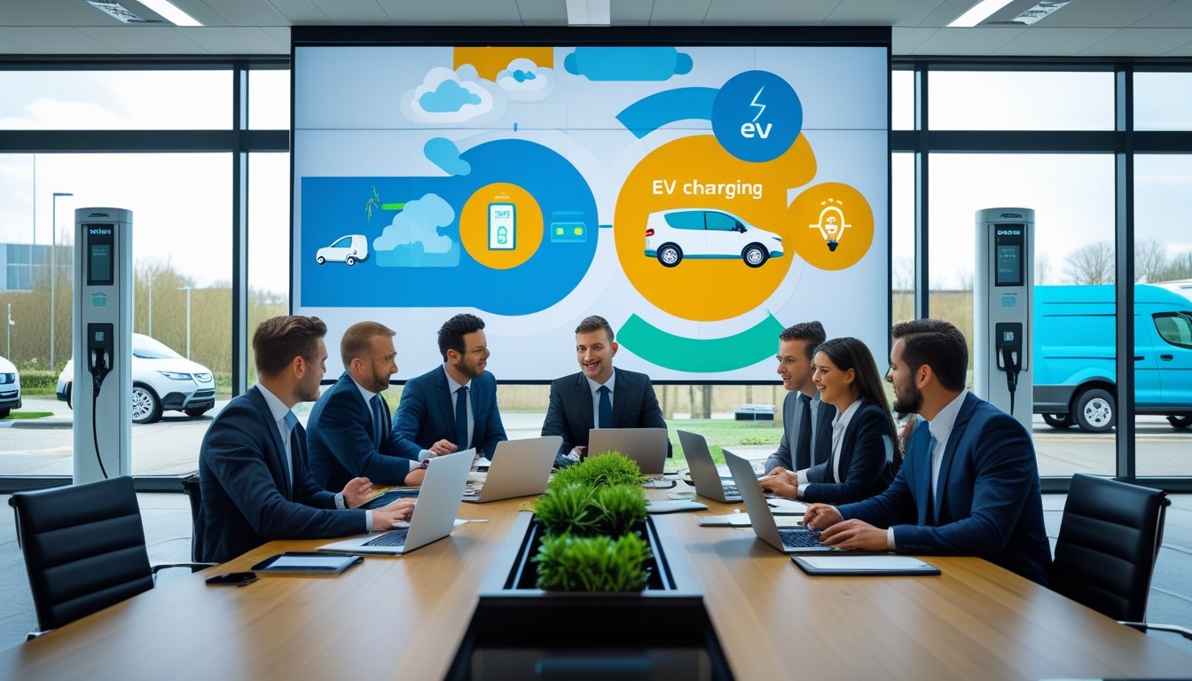 A group of business professionals in a meeting room discussing electric vehicle solutions with a city view showing electric vans and charging stations outside.