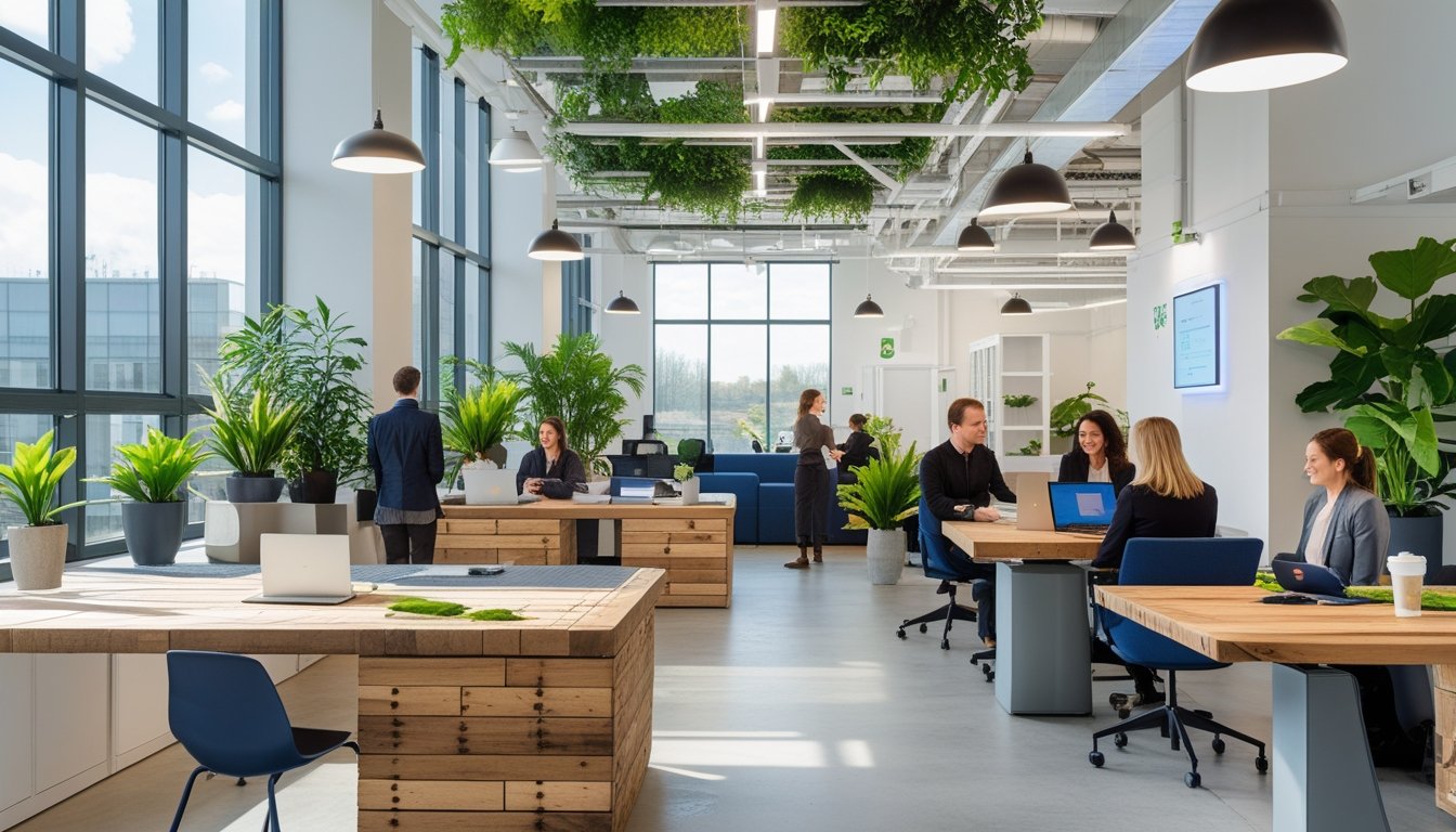 A modern office with natural light, green plants, eco-friendly furniture, and people working together.
