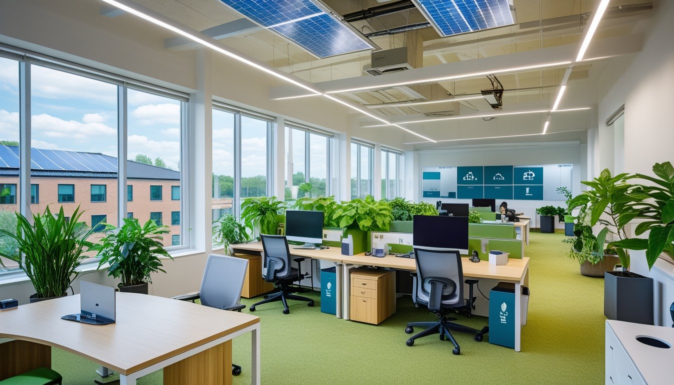A bright modern office with large windows, green plants, ergonomic furniture, and visible solar panels outside.