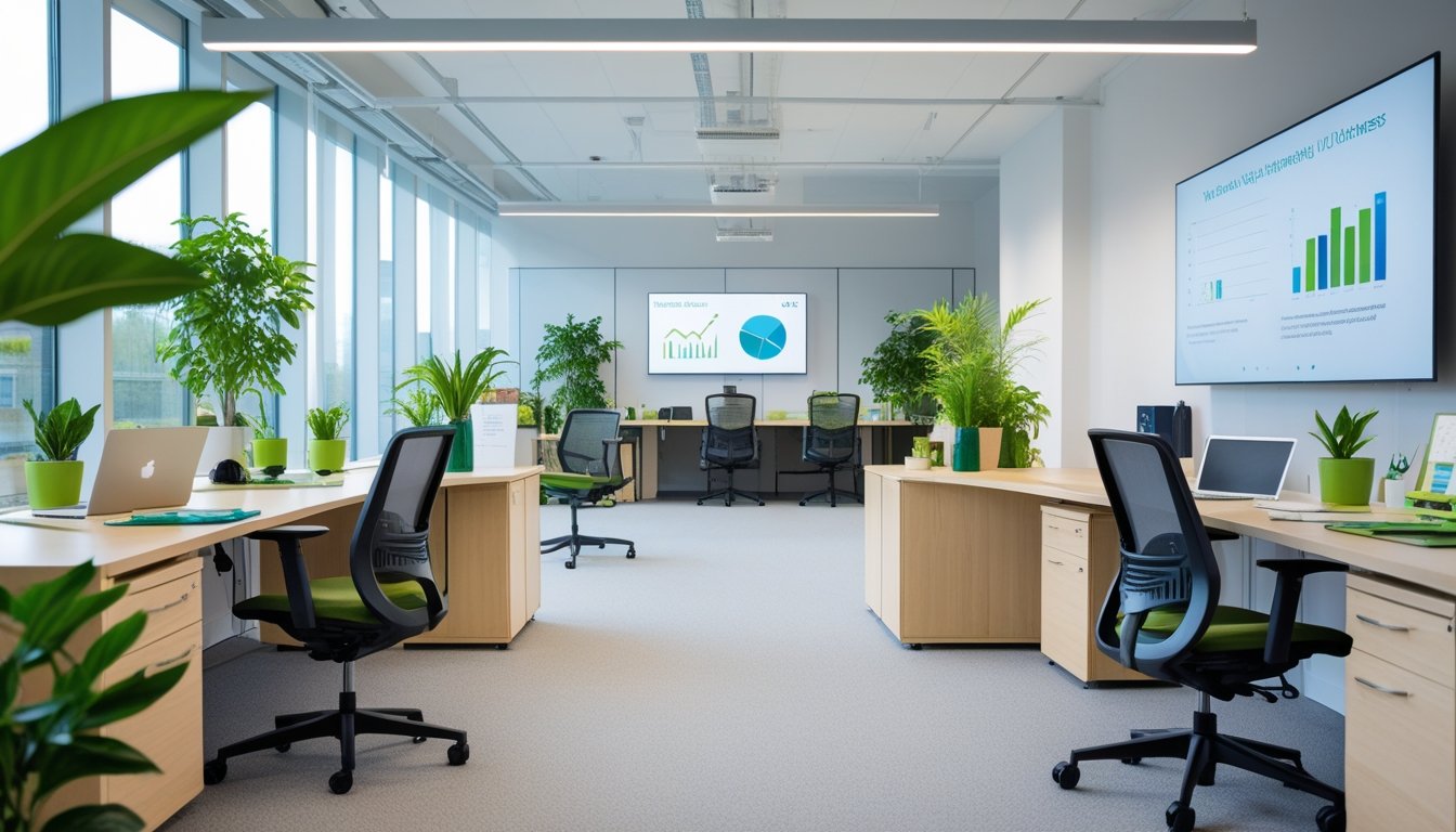 A modern office space with natural light, green plants, and eco-friendly furniture arranged neatly for a professional work environment.