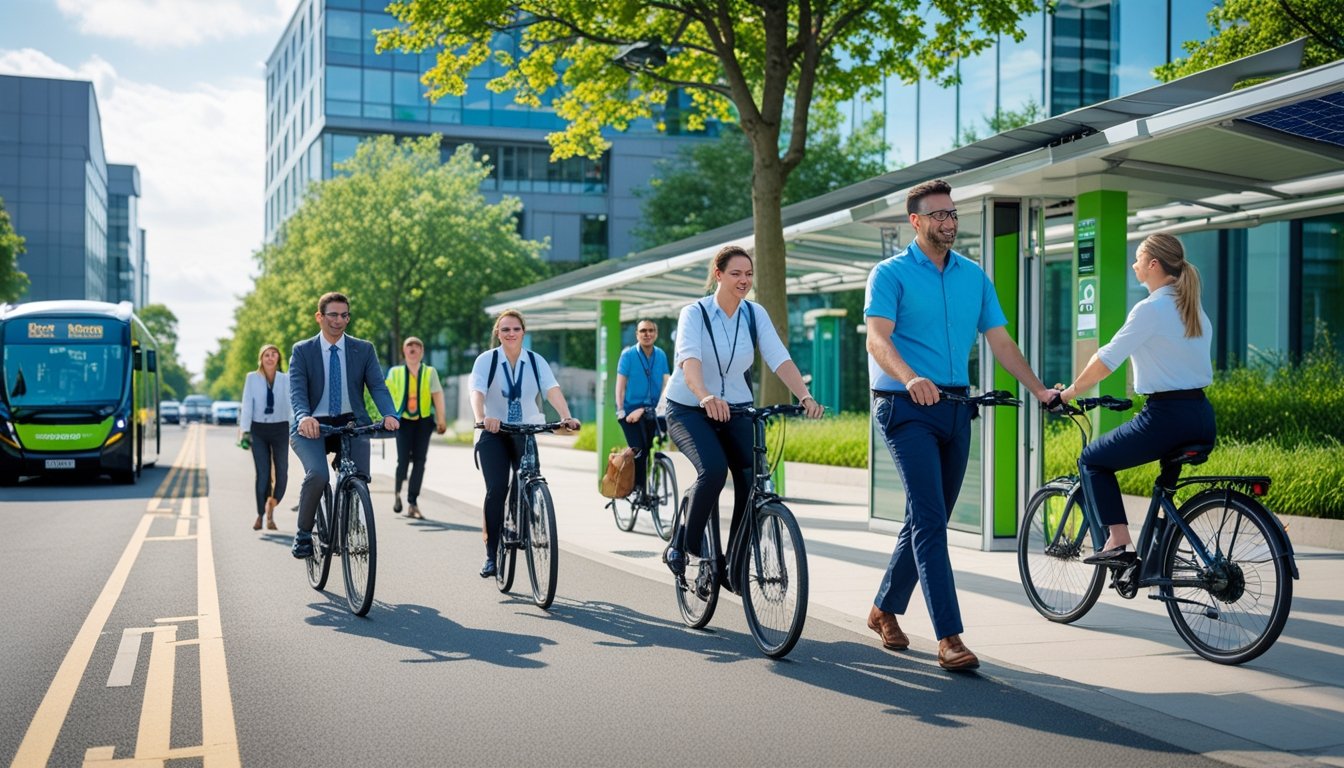 A group of UK business people commuting sustainably by cycling, walking, and waiting for an electric bus in a clean city street with modern office buildings and greenery.