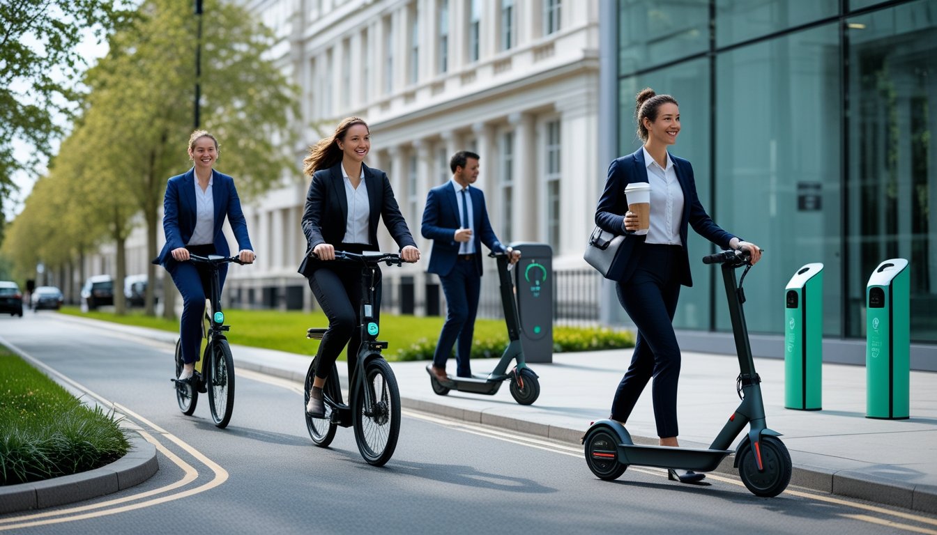 Business professionals using electric bikes and scooters near a modern office building in a UK city street with trees and sustainable transport facilities.