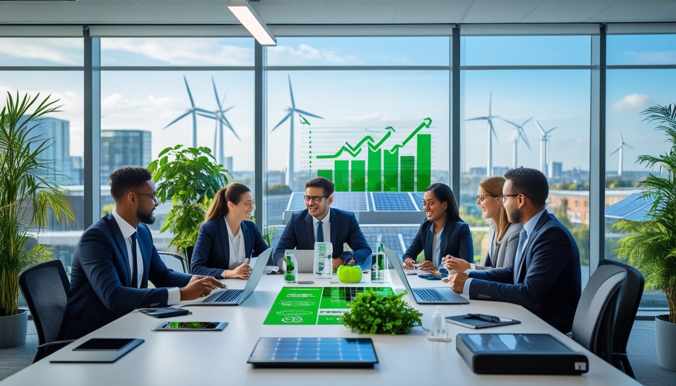 A group of business professionals in an office meeting with green plants and eco-friendly items, overlooking a city with wind turbines and solar panels.