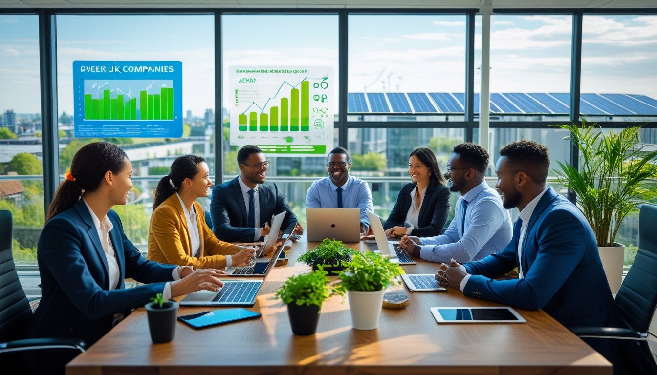 A group of business professionals collaborating around a table in an office with plants and city buildings visible through large windows.