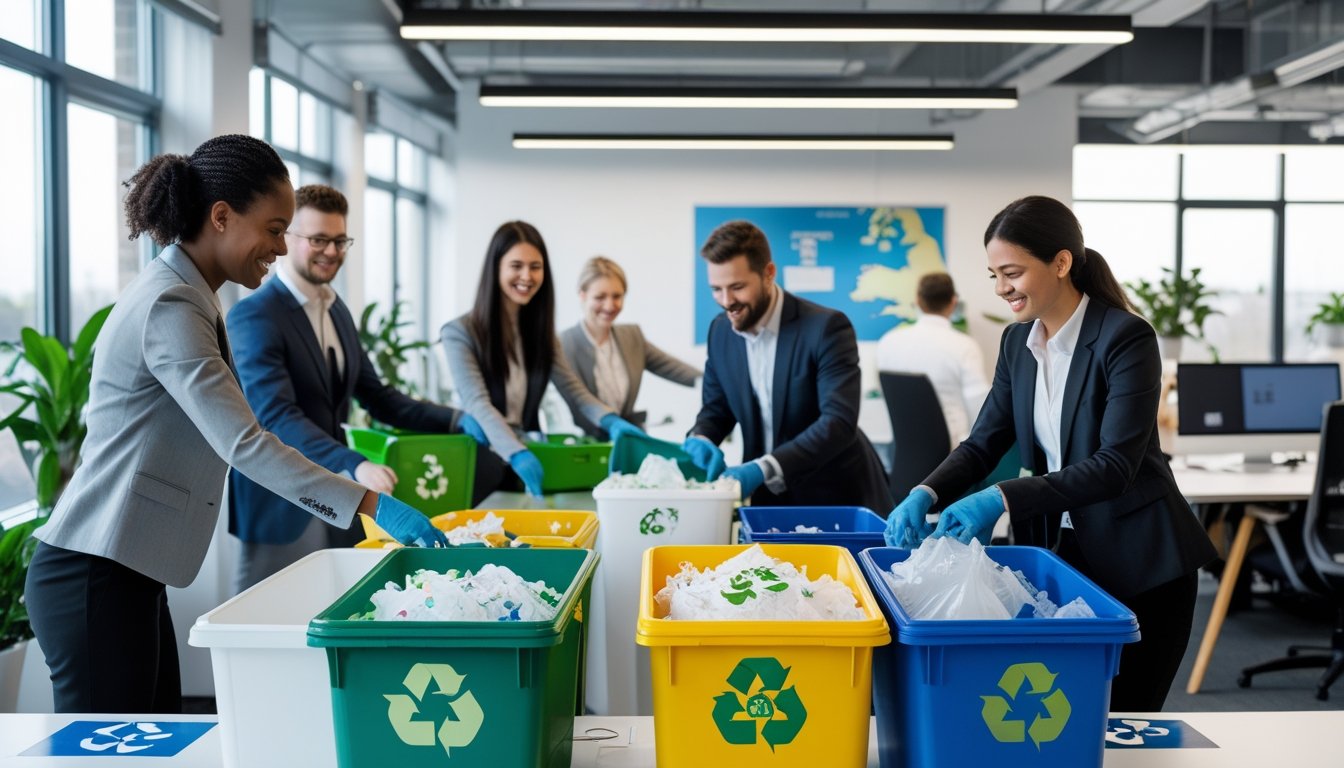 Office workers in a modern UK workplace sorting waste into recycling bins at a clearly organised recycling station.
