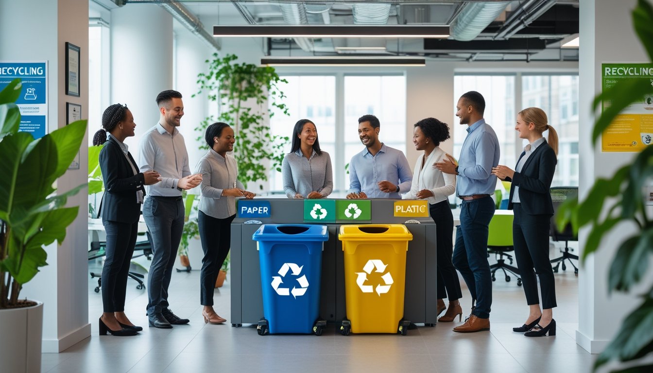 Office workers in a modern UK workplace gathered around recycling bins, discussing recycling initiatives.
