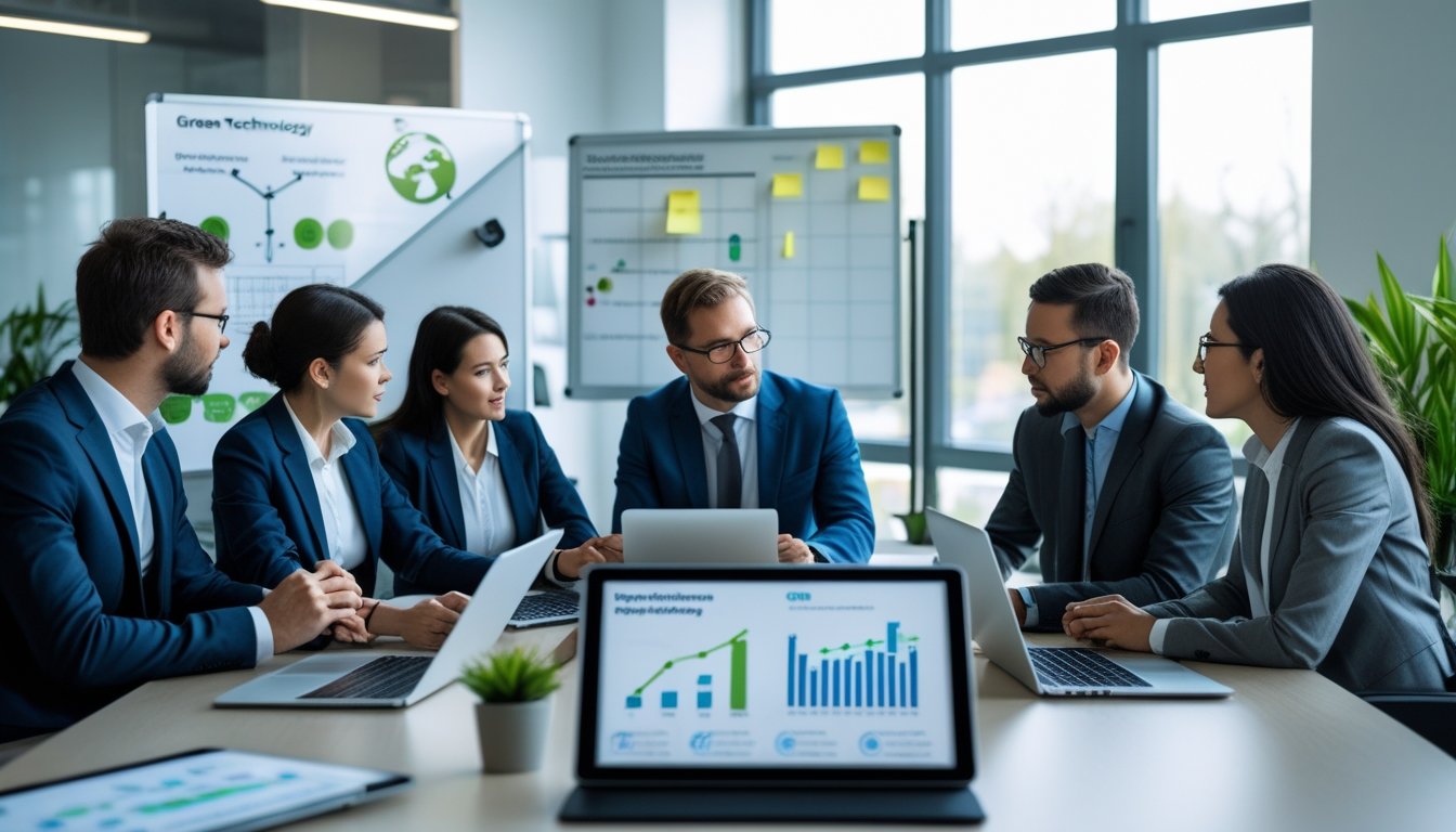 Business professionals in a modern office discussing green technology challenges with laptops, charts, and eco-friendly models on the table.