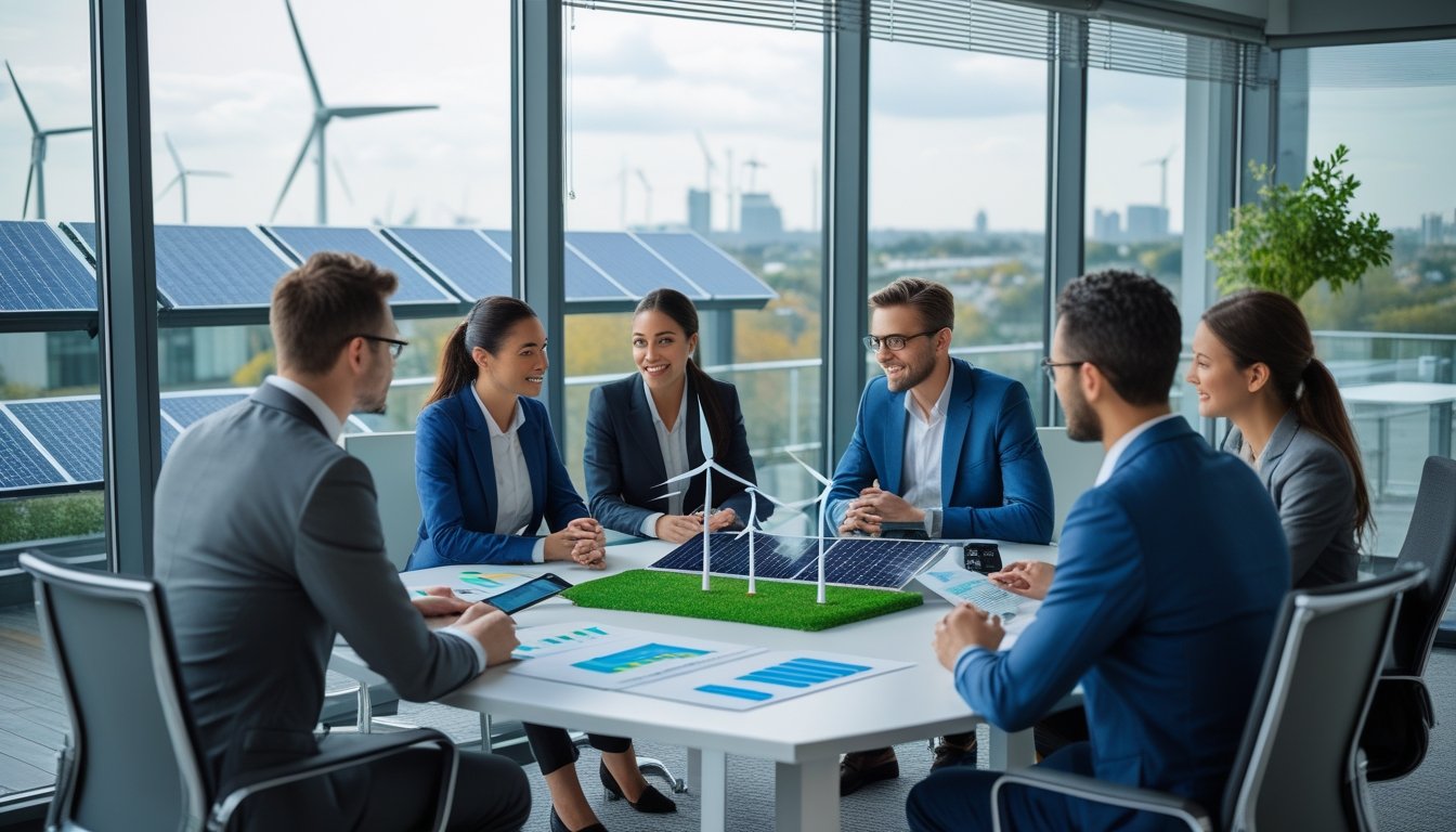 Business professionals in a modern office discussing green technology with city views showing solar panels and wind turbines outside.