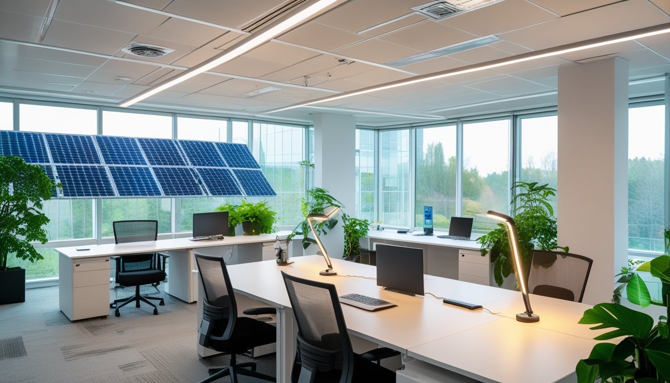 A modern office with large windows, LED ceiling lights, desk lamps, and green plants, showing a bright and eco-friendly workspace.