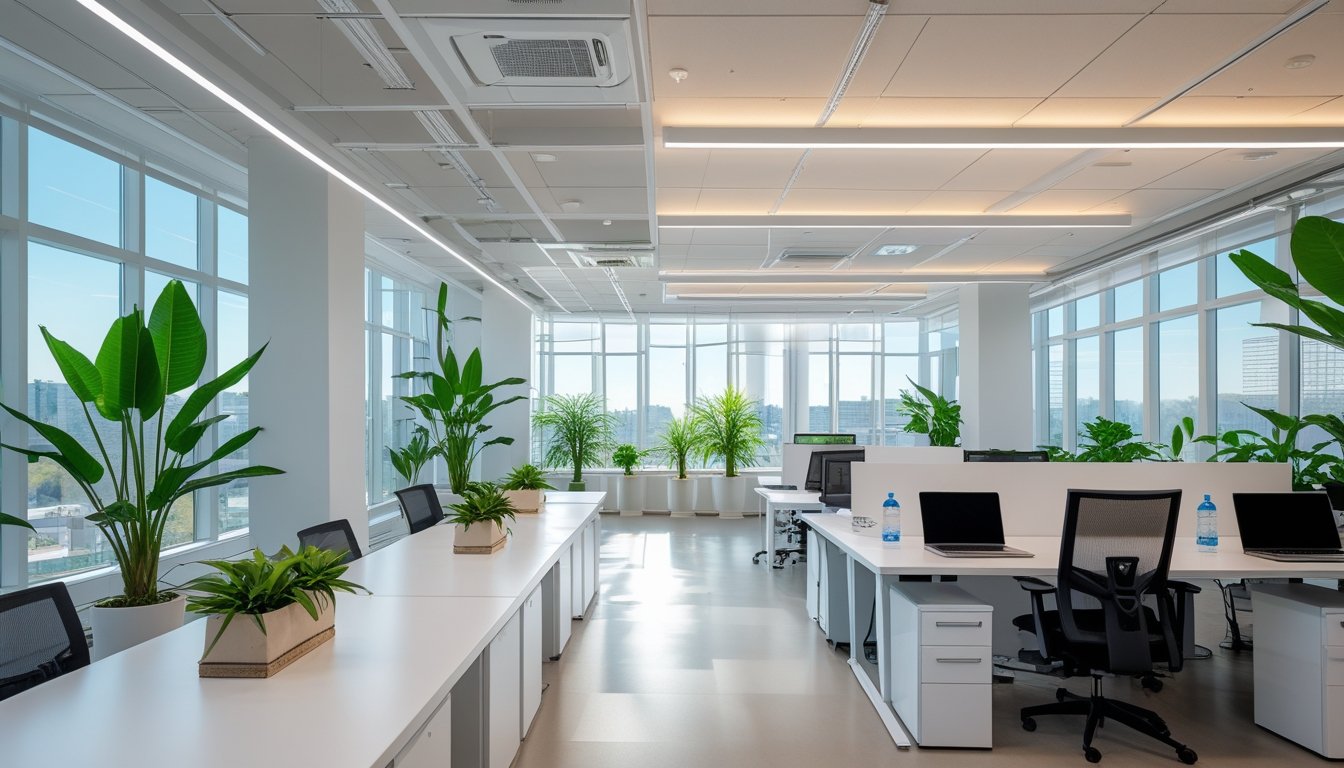 A modern office with natural daylight, energy-efficient LED lights, green plants, and clean desks with laptops.