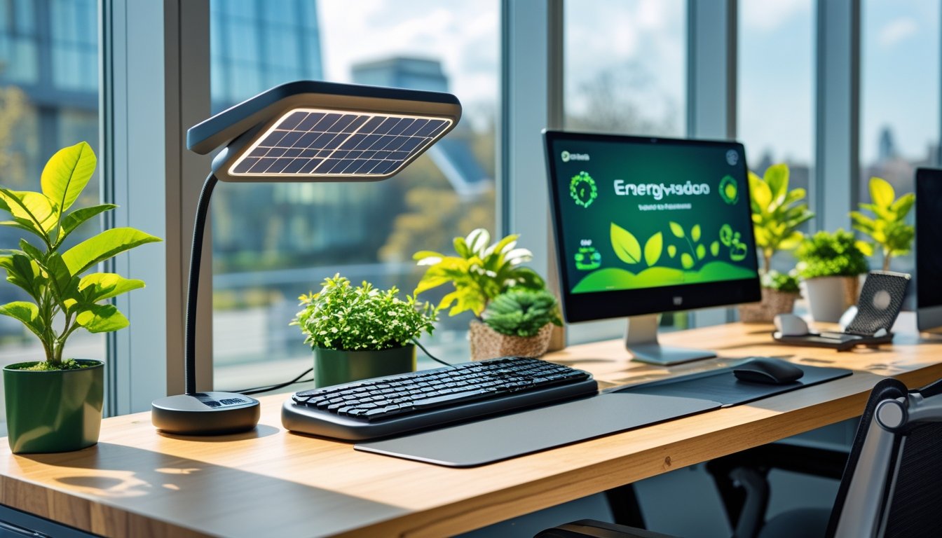 A modern office desk with eco-friendly gadgets including a solar lamp, biodegradable keyboard and mouse, recycled laptop stand, and plants by a window overlooking trees.