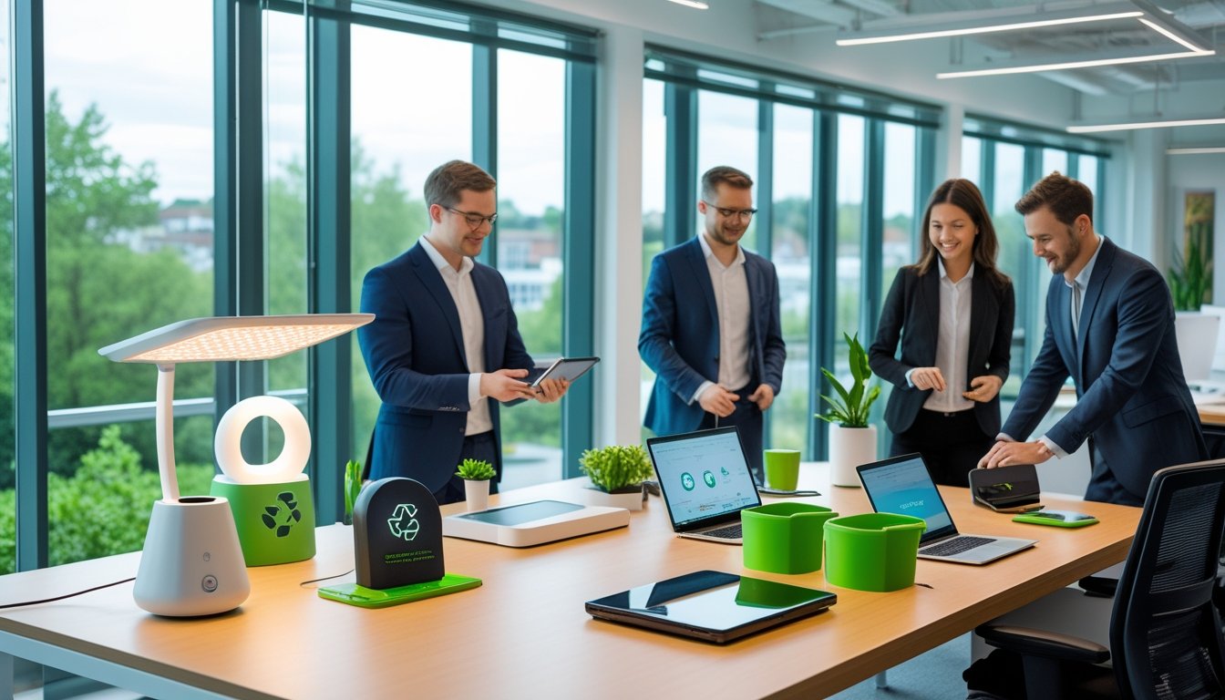 A modern office with eco-friendly gadgets on a wooden desk and people working together near large windows showing a green cityscape.