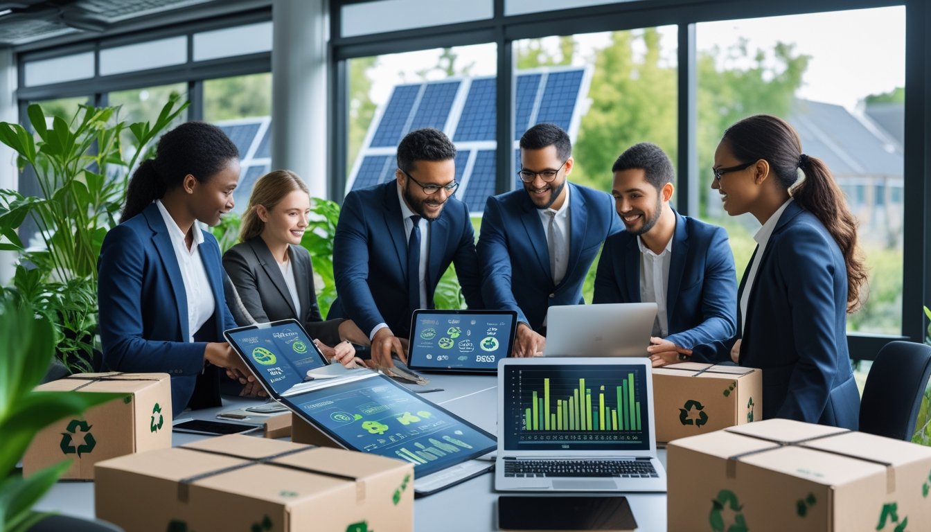 Business professionals working together around a table with eco-friendly packaging and technology in a bright office with plants and solar panels visible outside.