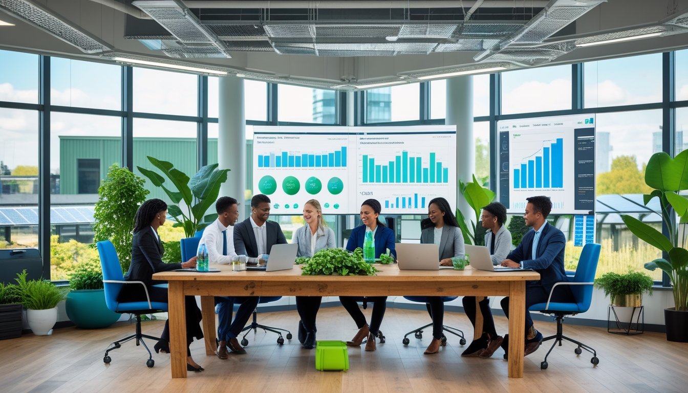 A group of business professionals working together in a bright office with plants and city views showing green rooftops and solar panels.