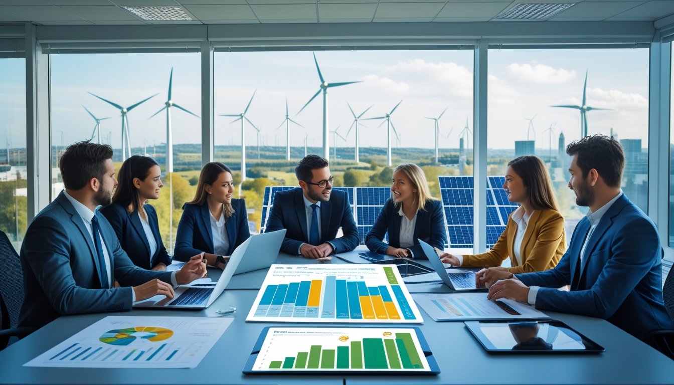 Business professionals in a meeting room discussing renewable energy projects with laptops and documents, with wind turbines and solar panels visible outside the window.